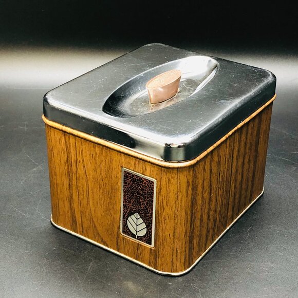 60s GSW HARMONY Rectangular Chrome Tin TEA Canister Vintage Faux Wood Finish - Picture 1 of 12